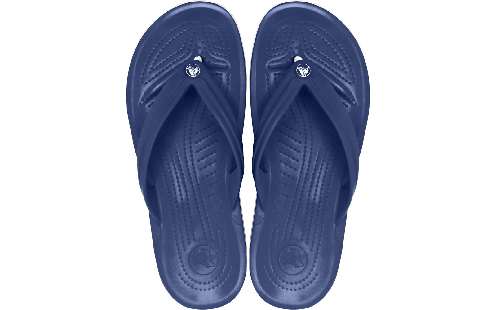 Deux tongs bleu foncé vus de dessus, matériau en caoutchouc, brides avec pastille logo ronde, semelles intérieures texturées