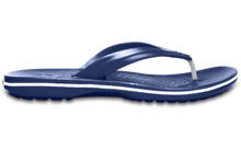 Zijaanzicht van een blauwe teenslipper met een witte streep op de zool en een gestructureerd voetbed