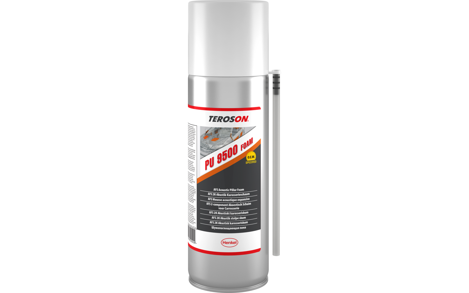 Weiße Spraydose mit Aufschrift TEROSON PU 9500 FOAM, rotes und schwarzes Etikett, seitlich ein Aufsatzschlauch