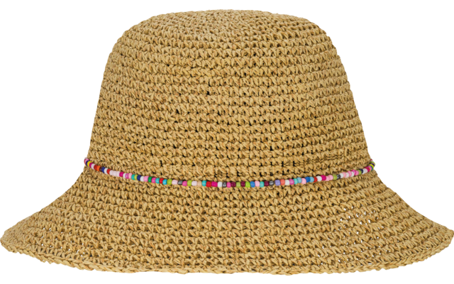 Chapeau en paille tressée à large bord et ruban étroit de perles colorées