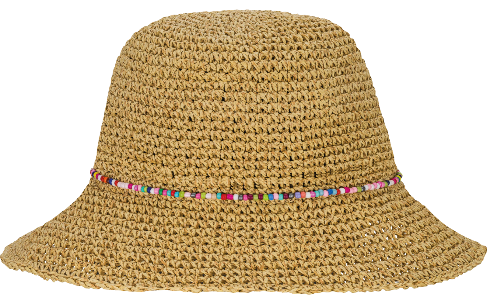 Chapeau en paille tressée à large bord et ruban étroit de perles colorées