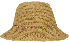Chapeau en paille tressée à large bord et ruban étroit de perles colorées