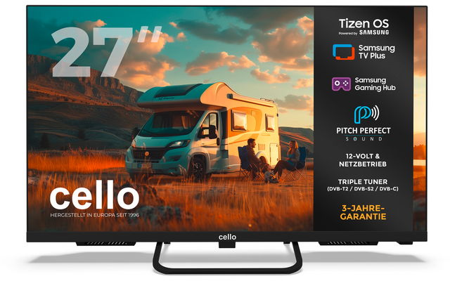 TV-scherm met een camper op een veld, twee personen op campingstoelen ernaast, bergen op de achtergrond, oranje bewolkte lucht, grote "27" linksboven, zijbalk met logo's en producttekst rechts, merk 'cello' linksonder