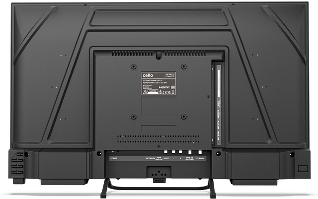 Achterkant van een zwarte flatscreen-tv met zichtbaar fabrikantlabel, ventilatieopeningen, aansluitingen onderaan en twee steunvoetjes