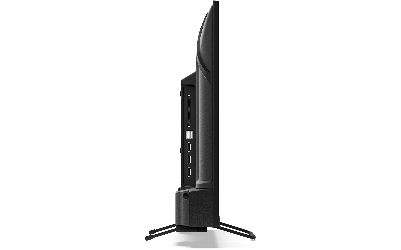 Zijaanzicht van een zwart flatscreen met zichtbare aansluitingen (USB, HDMI) en twee pootjes