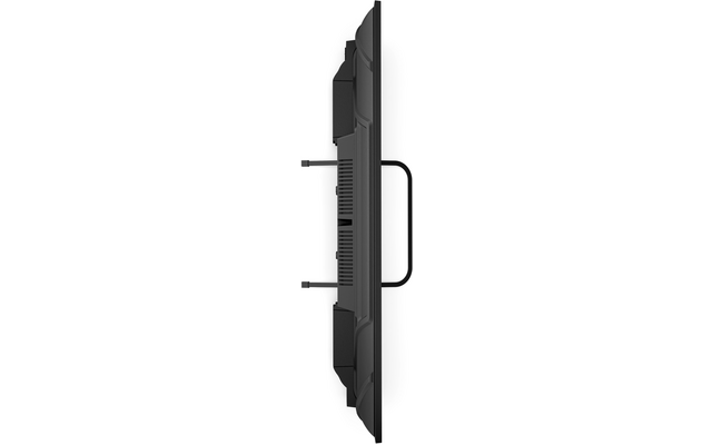 Zijaanzicht van een flatscreenmonitor op witte achtergrond, met standaard, ventilatieopeningen en een aan de achterzijde ingestoken kabel