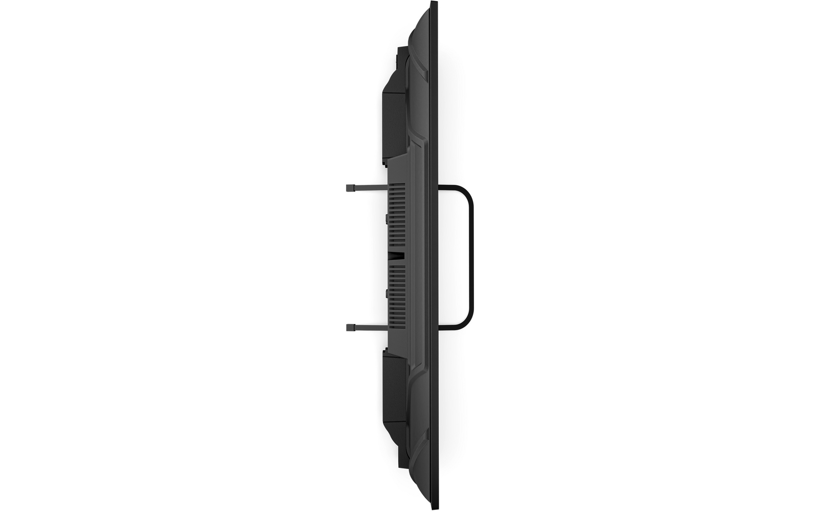 Zijaanzicht van een flatscreenmonitor op witte achtergrond, met standaard, ventilatieopeningen en een aan de achterzijde ingestoken kabel