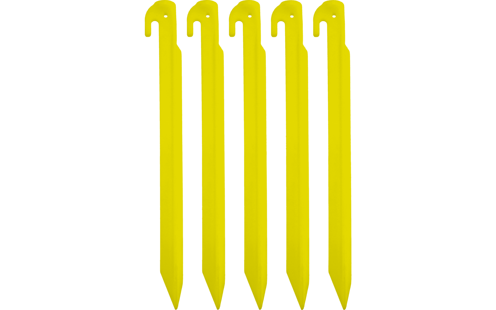 Five identical yellow elongated pieces with pointed ends and hooks at the top, side by side on a white background
