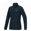 Haut à manches longues bleu-vert foncé avec col montant et demi-fermeture éclair devant, fin motif texturé horizontal, petit logo sur la poitrine, vue de face