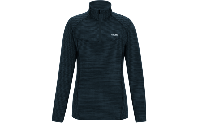 Pull bleu-vert foncé à manches longues avec texture horizontale, col montant, demi-fermeture éclair et petit logo sur la poitrine