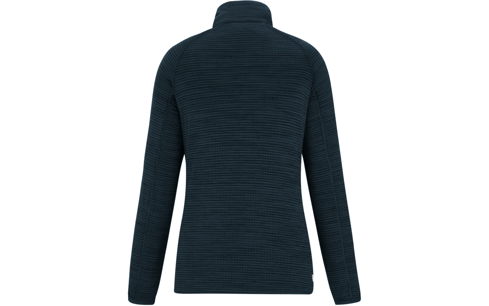 Vue arrière d'une veste polaire bleu foncé avec col montant, manches longues et fine texture côtelée horizontale, ourlet droit