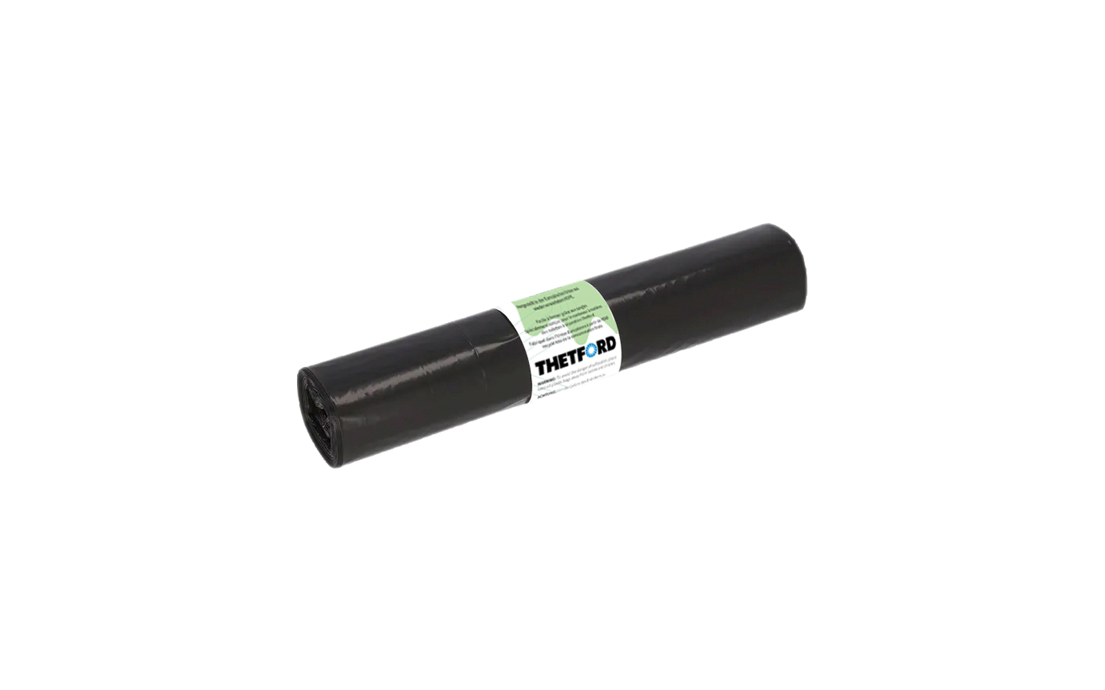 Eine schwarze Abfalltüte zusammengerollt mit einem weißen Etikett in der Mitte