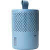 Haut-parleur portable bleu avec ouverture pour microphone et boucle en caoutchouc en haut