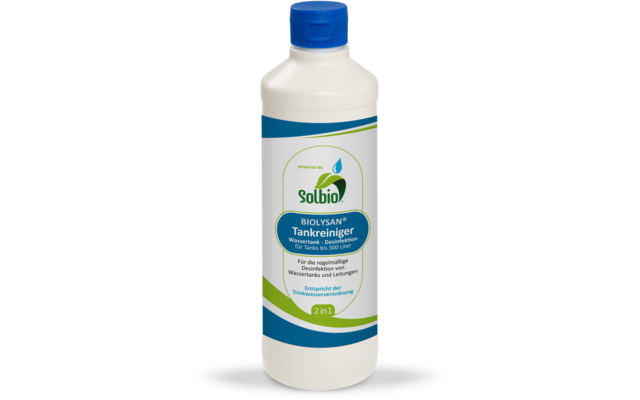 Weiße Plastikflasche mit blauem Schraubverschluss und blau-grünem Etikett mit Markenlogo 'Solbio' und Schriftzug 'BIOLYSAN Tankreiniger'