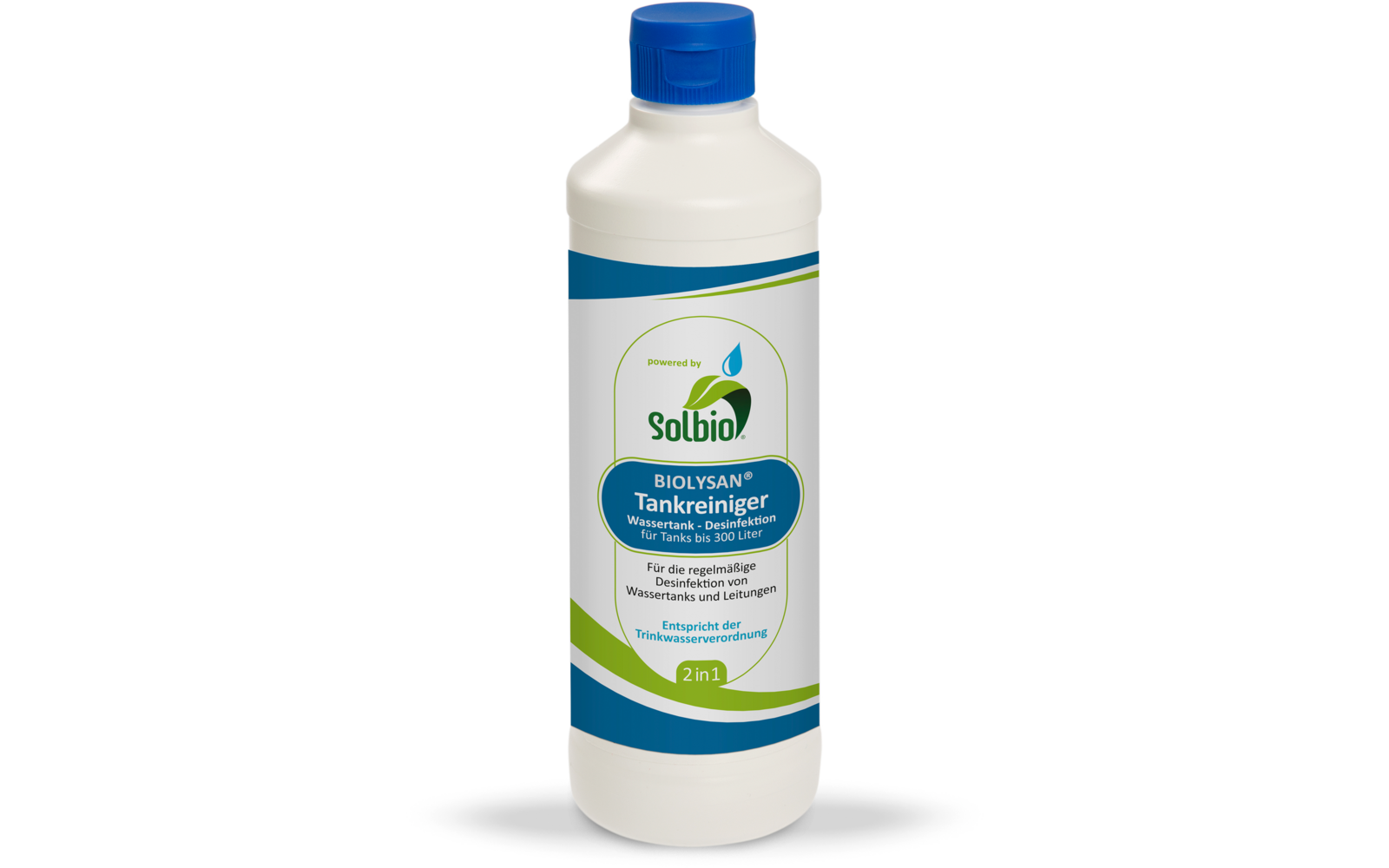 Weiße Plastikflasche mit blauem Schraubverschluss und blau-grünem Etikett mit Markenlogo 'Solbio' und Schriftzug 'BIOLYSAN Tankreiniger'