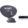 Dunkelgraue Satellitenschüssel mit weißem Schriftzug 'ALDEN' und '@', montiert auf grauem Sockel mit silbernem Arm; rechts ein schwarzes, rechteckiges Empfangsgerät mit Display