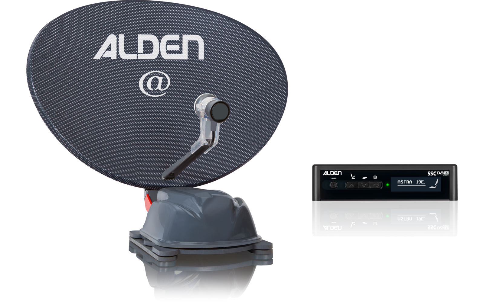 Donkergrijze schotelantenne met witte tekst 'ALDEN' en '@', gemonteerd op een grijze voet met een zilverkleurige arm; rechts een zwart rechthoekig ontvangstapparaat met display