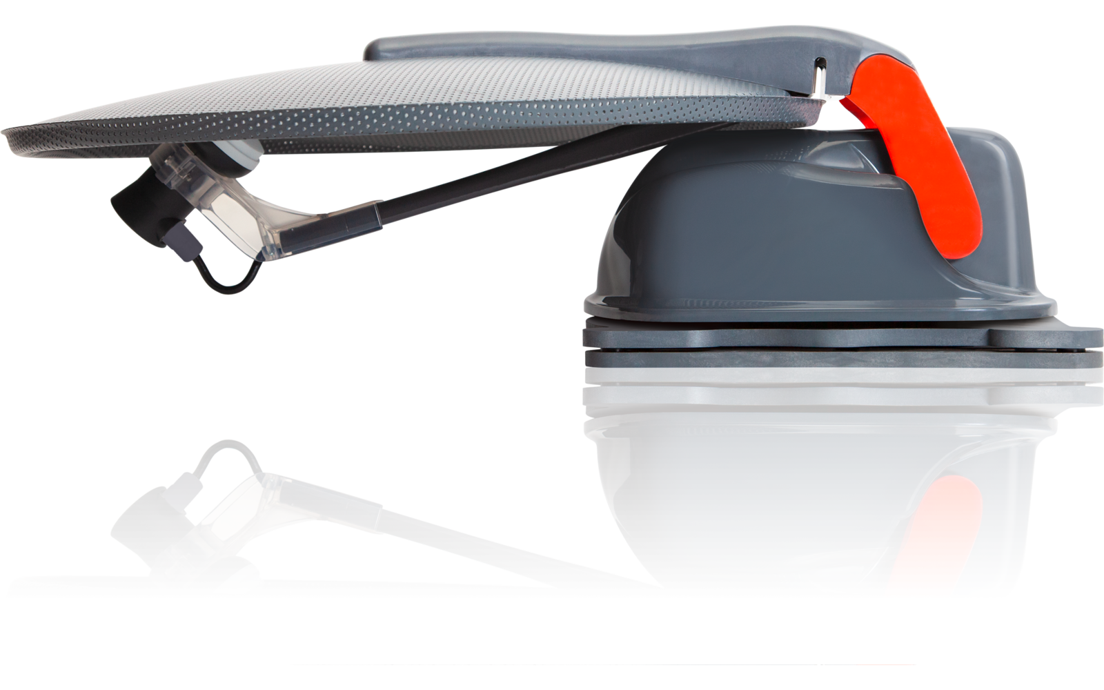 Appareil à ventouse gris avec bord en caoutchouc rond, levier plat gris clair, sangle noire et verrouillage orange sur fond blanc, légère réflexion en dessous