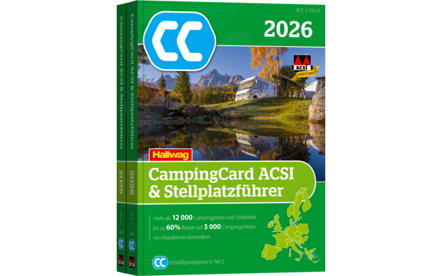 Cover eines CampingCard ACSI & Stellplatzführers 2026 mit Berglandschaft und See