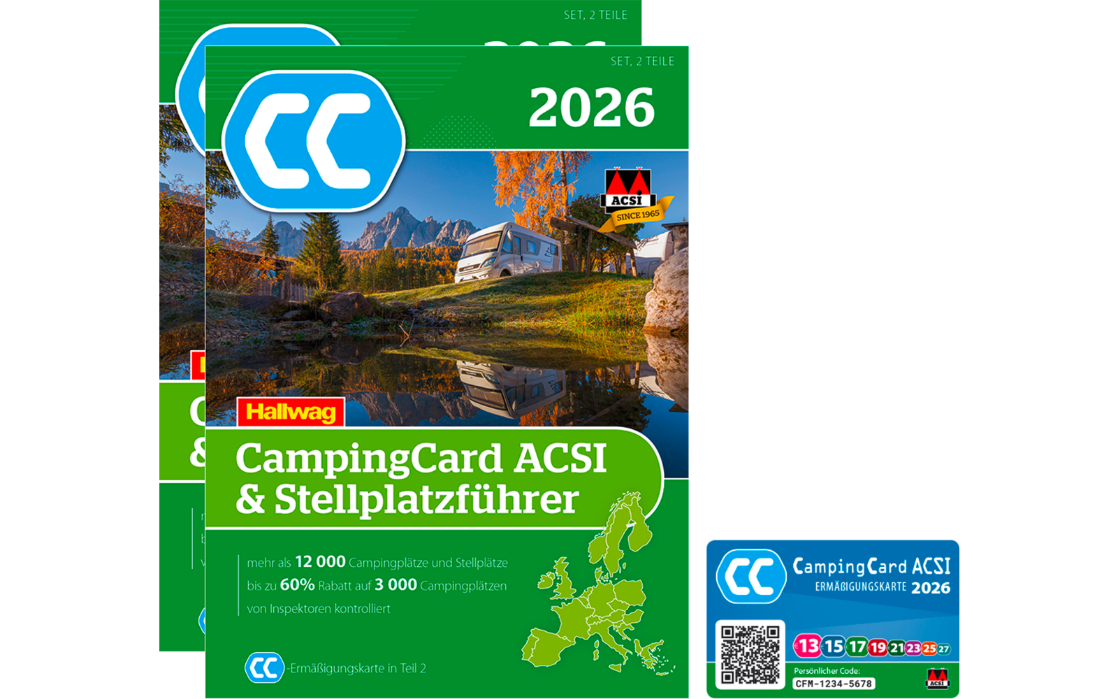 Grünes Cover mit Schriftzug "CampingCard ACSI 2026", Logo, Foto eines Wohnmobils am See und einer Europakarte