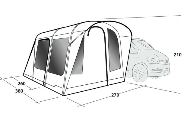 Vorzelt an einem Auto befestigt, drei Fenster, Eingangstür, eingezeichnete Maßangaben 260, 380, 270, 210