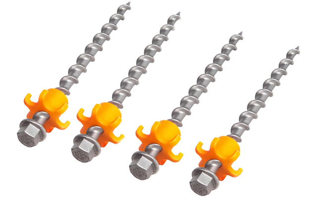 Quatre vis argentées avec tête hexagonale et tige en spirale, chacune munie d'un anneau en plastique orange, sur fond blanc