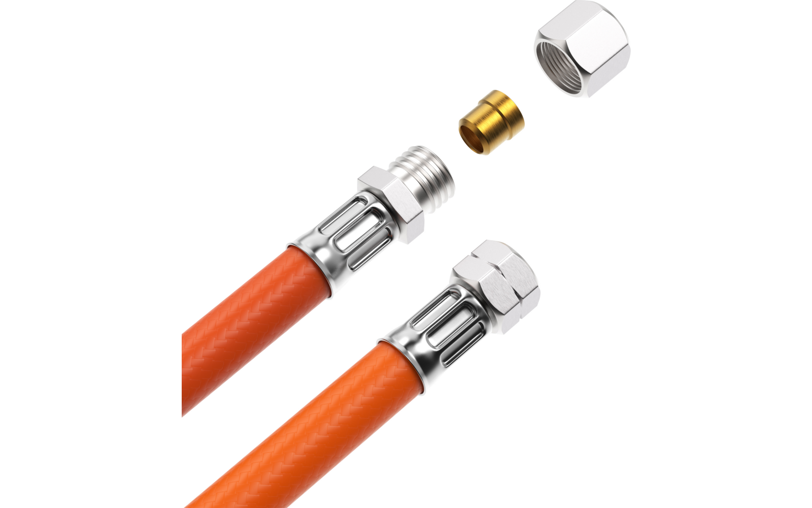 Zwei orangefarbene Schläuche mit metallischen Gewindeanschlüssen, daneben eine kleine Messinghülse und eine sechseckige Mutter auf weißem Hintergrund