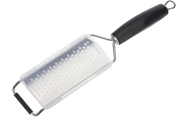 Platte metalen rasp met rechthoekig raspvlak, transparante kunststofbescherming, zwart handvat met ophangring en rubberen voet