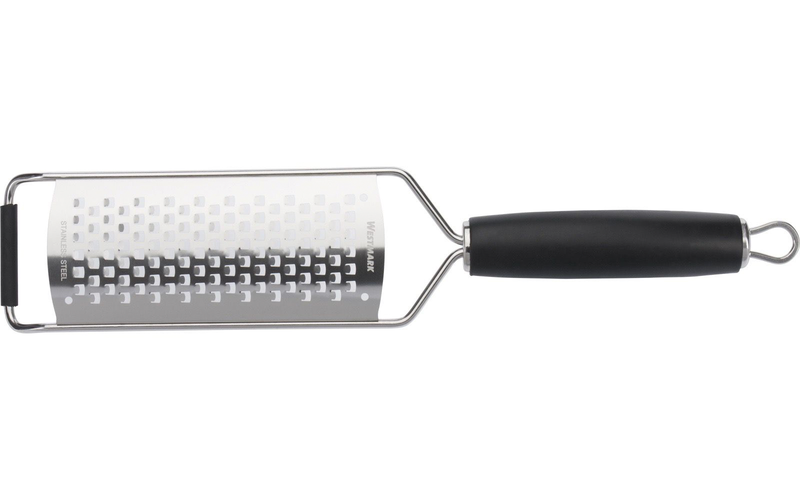 Platte rasp van roestvrij staal met rechthoekig geperforeerd en getand raspvlak, zwarte handgreep en metalen ophangoog