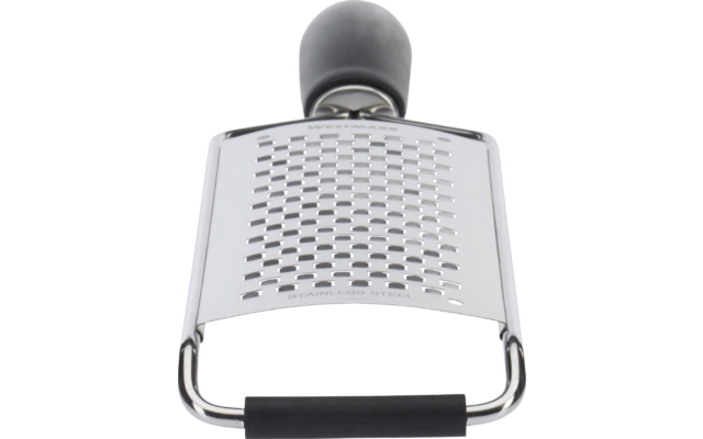 Platte rasp van roestvrij staal met rechthoekig geperforeerd blad, ronde zwarte handgreep boven en zwarte rubberen beschermrand onder