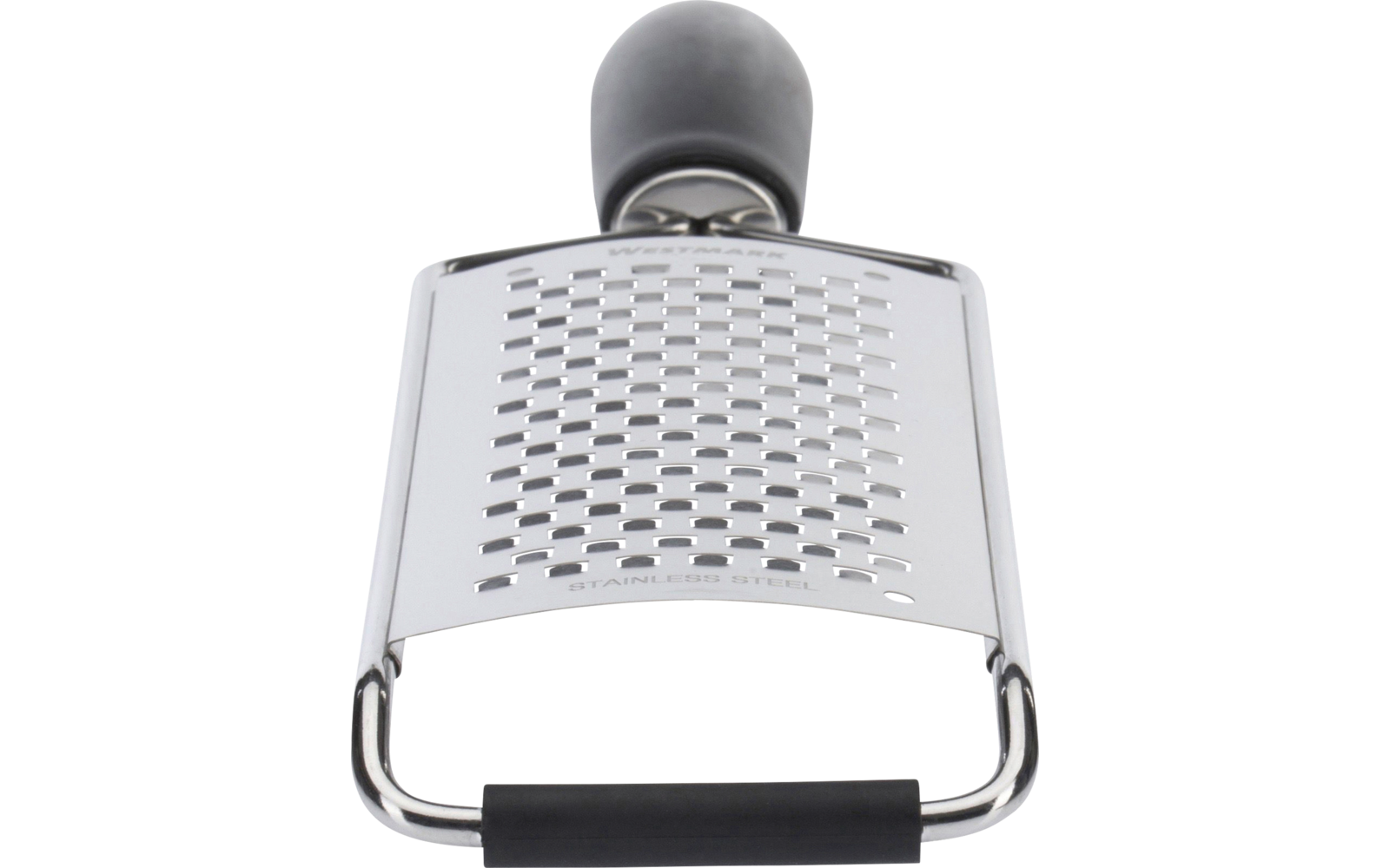 Platte rasp van roestvrij staal met rechthoekig geperforeerd blad, ronde zwarte handgreep boven en zwarte rubberen beschermrand onder