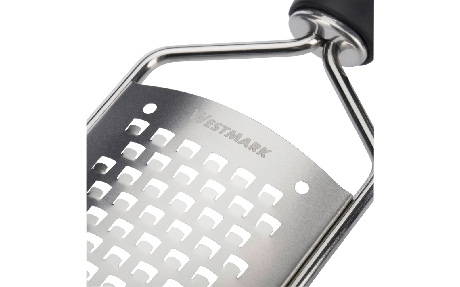 Roestvrijstalen rasp met rechthoekige openingen, ingesneden tekst 'WESTMARK' en zwarte handgreep
