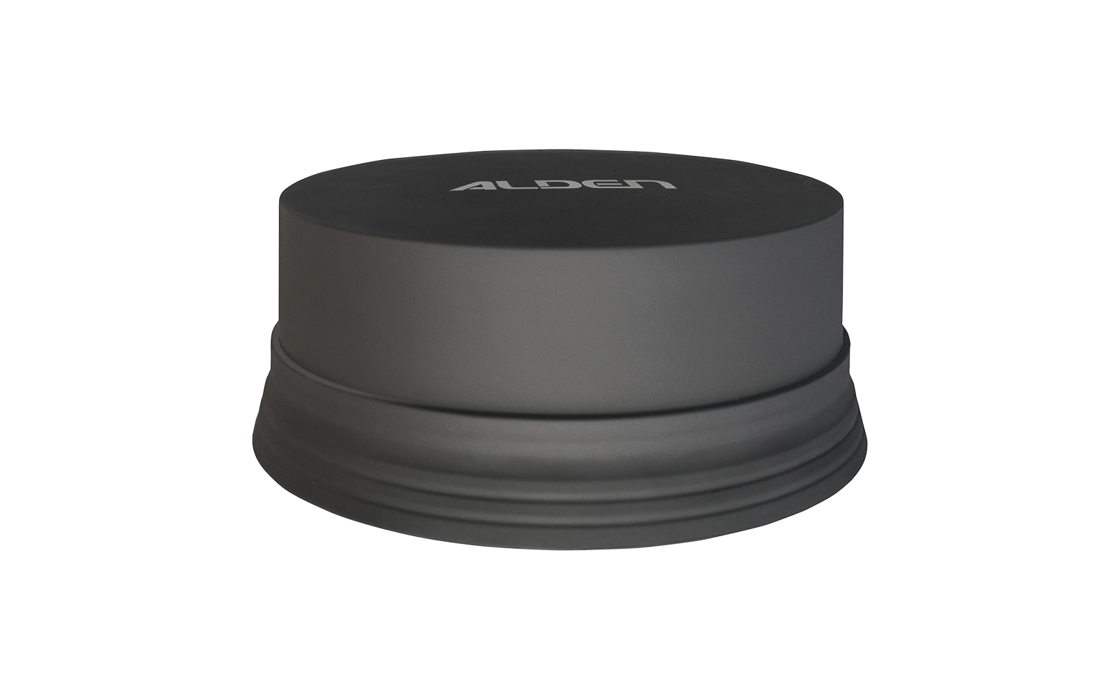 Dunkler runder flacher Gegenstand mit seitlichen Ringen und weißer Aufschrift ALDEN oben