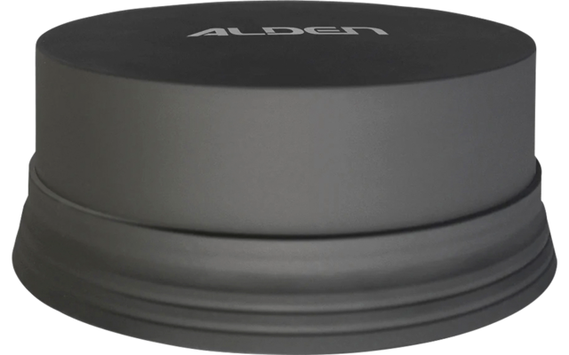 Left: a gray, round, dome-shaped unit labeled 'ALDEN'. Right: a black, rectangular box labeled 'ALDEN I-NET 512' with three gold connectors on top and two QR codes on the front