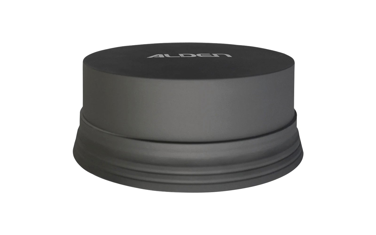 Left: a gray, round, dome-shaped unit labeled 'ALDEN'. Right: a black, rectangular box labeled 'ALDEN I-NET 512' with three gold connectors on top and two QR codes on the front