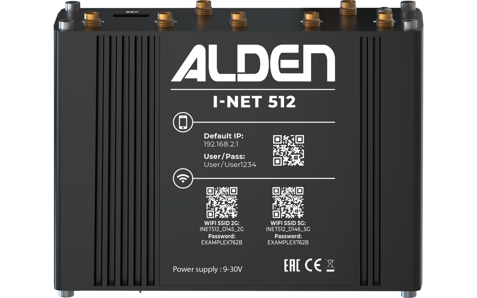 Black rectangular device labeled 'ALDEN I-NET 512', multiple QR codes, gold antenna connectors on top and white text