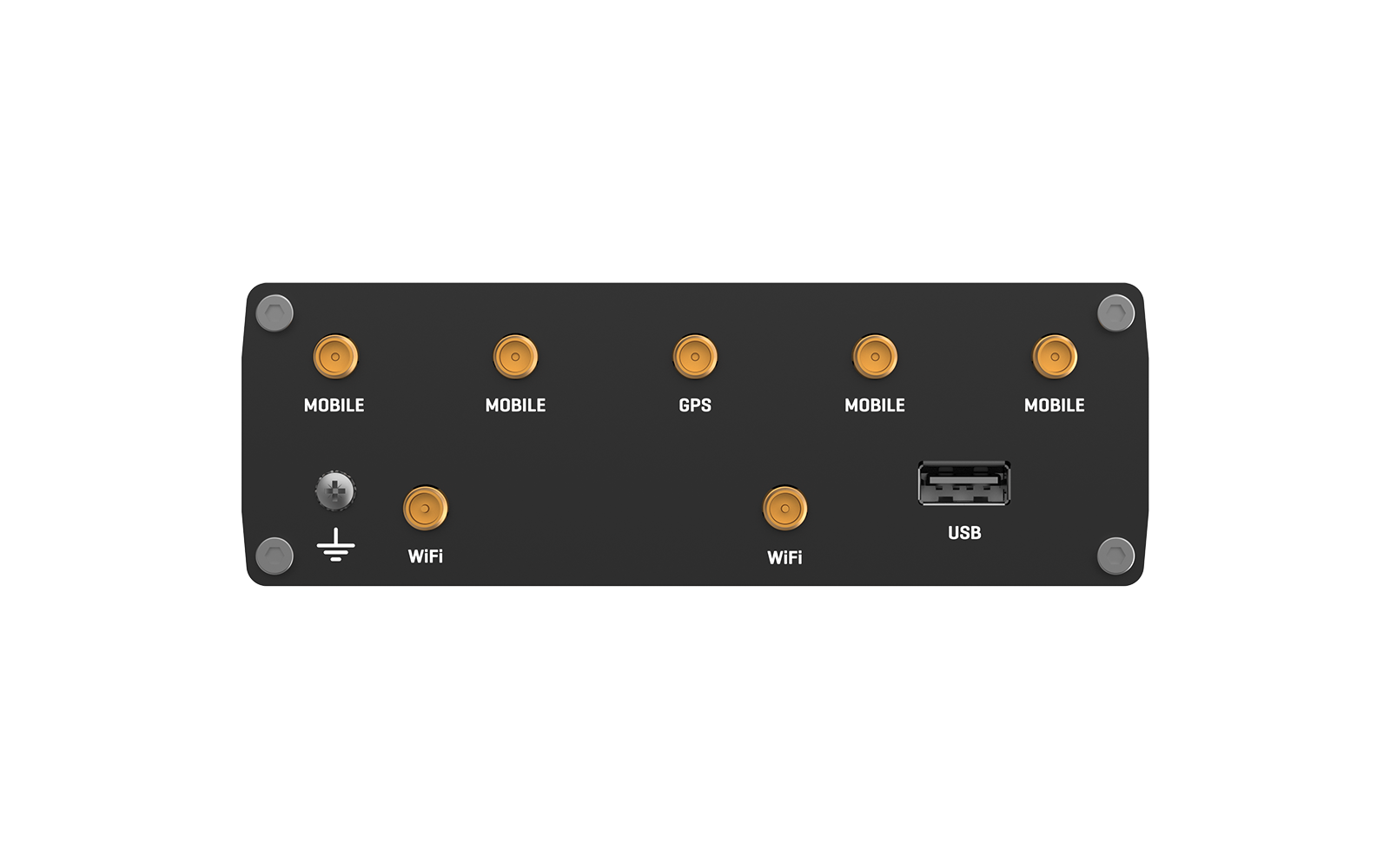 Black rectangular connector panel with five gold circular connectors in the top row labeled 'MOBILE', 'MOBILE', 'GPS', 'MOBILE', 'MOBILE'. In the bottom row a silver grounding connector with a ground symbol, two gold circular connectors labeled 'WIFI', a rectangular USB port, and four silver mounting screws at the corners