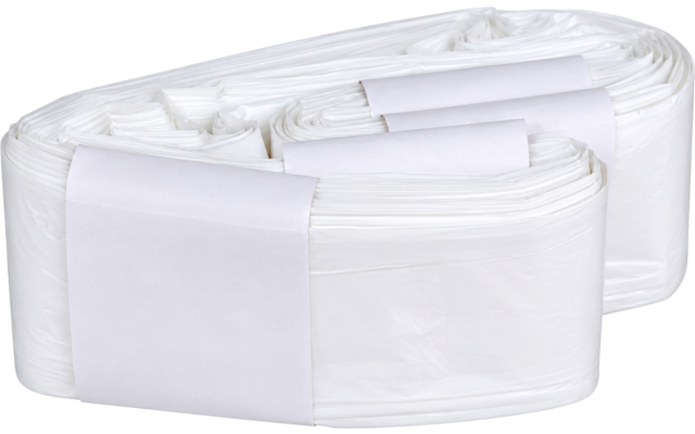 Rolled white plastic bags with white paper bands