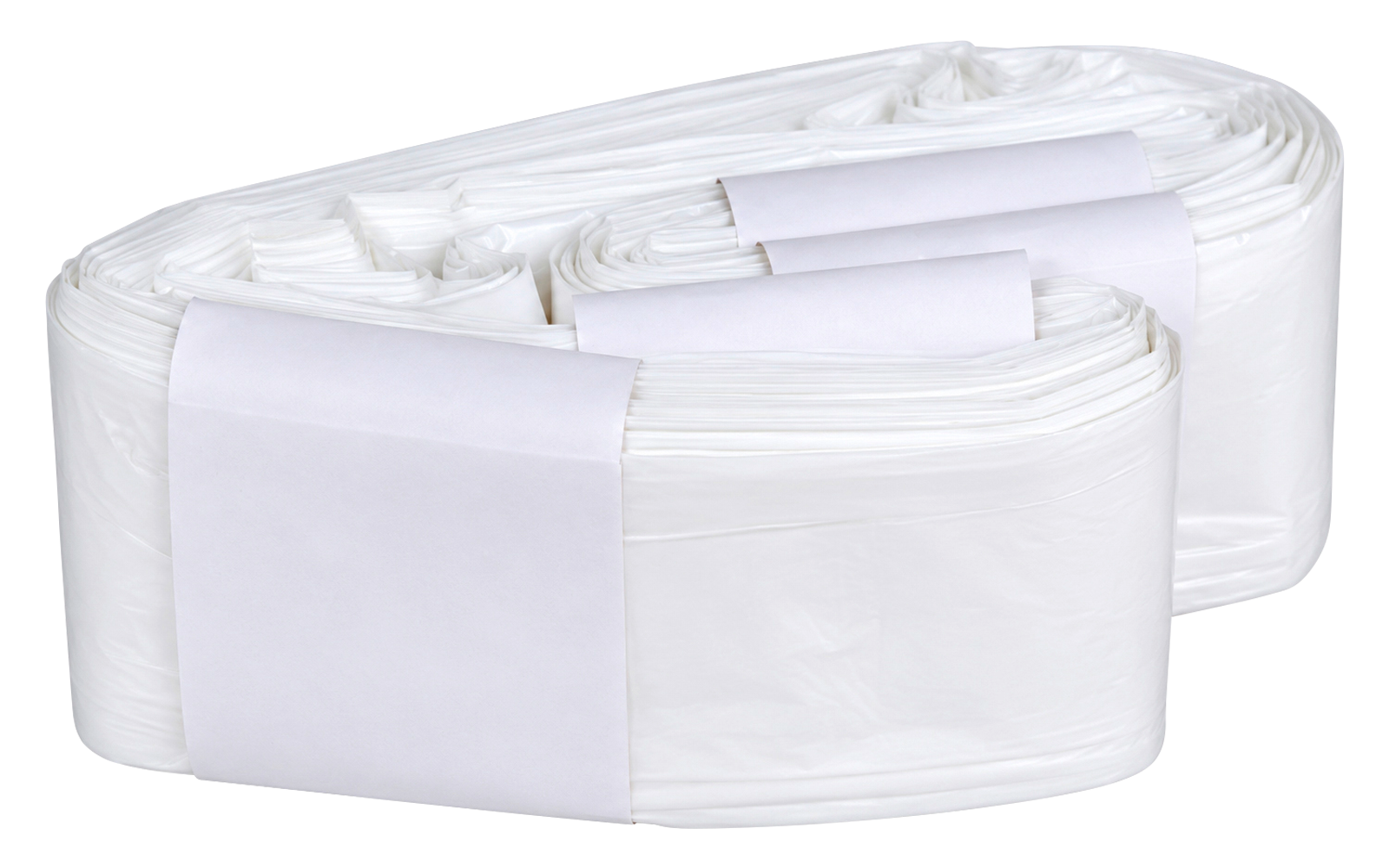 Rolled white plastic bags with white paper bands