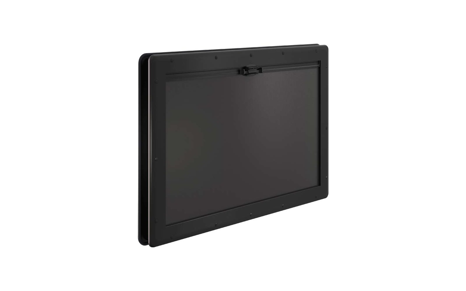 Panel rectangular negro con superficie oscura, marco perimetral y un pestillo en la parte superior central