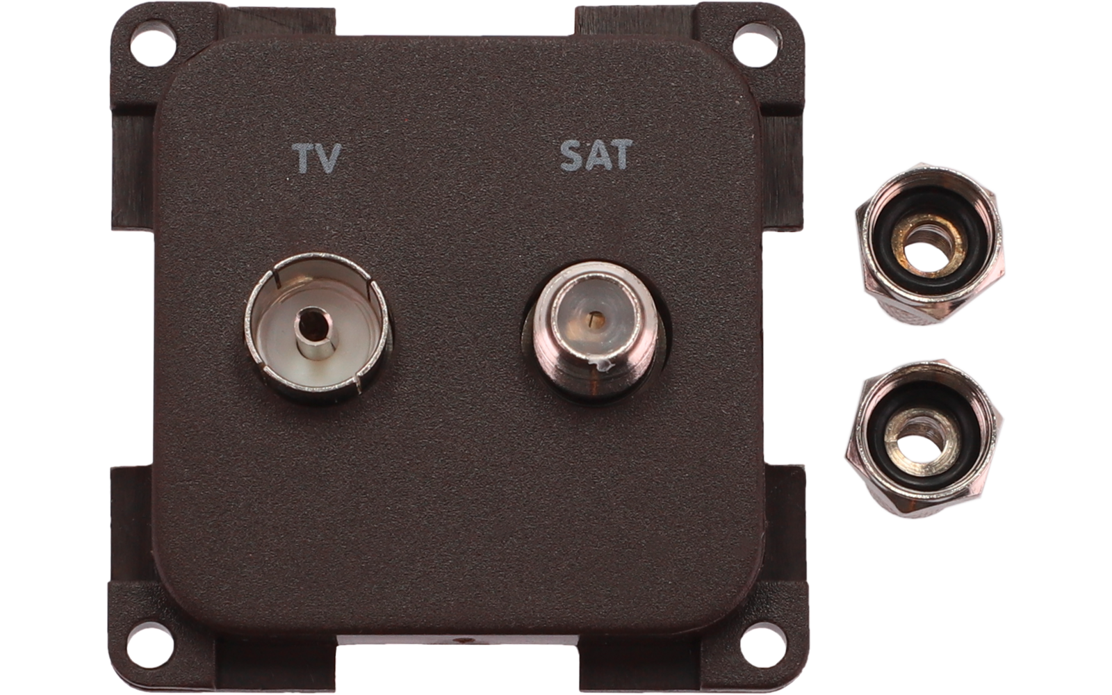 Braune quadratische Platte mit zwei Koaxialanschlüssen, links mit der Beschriftung 'TV', rechts 'SAT'; rechts daneben zwei lose Metallmuttern