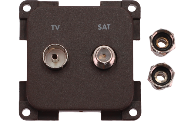 Braune quadratische Platte mit zwei Koaxialanschlüssen, links mit der Beschriftung 'TV', rechts 'SAT'; rechts daneben zwei lose Metallmuttern