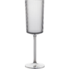 Transparent tall glass with a narrow bowl, vertical ridges, a long stem and a round base