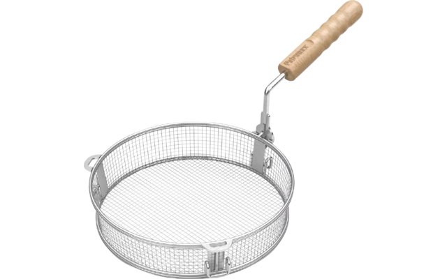 Runder Metall-Drahtkorb mit feinem Gitterboden und Holzgriff