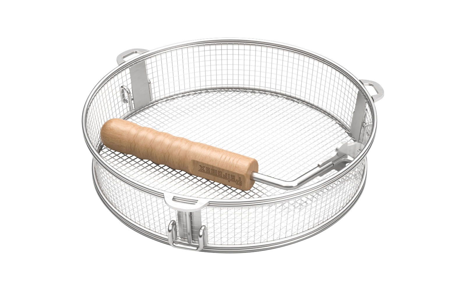 Runder perforierter Metallkorb mit querliegendem Holzgriff