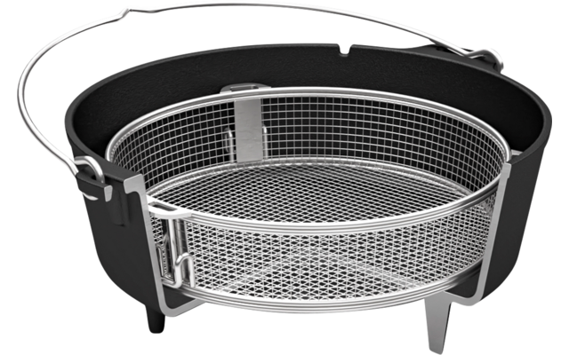 Runder schwarzer Behälter mit herausnehmbarem Metallgitterkorb und klappbarem Griff