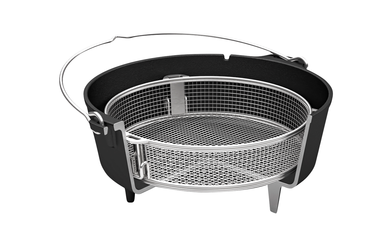 Runder schwarzer Behälter mit herausnehmbarem Metallgitterkorb und klappbarem Griff
