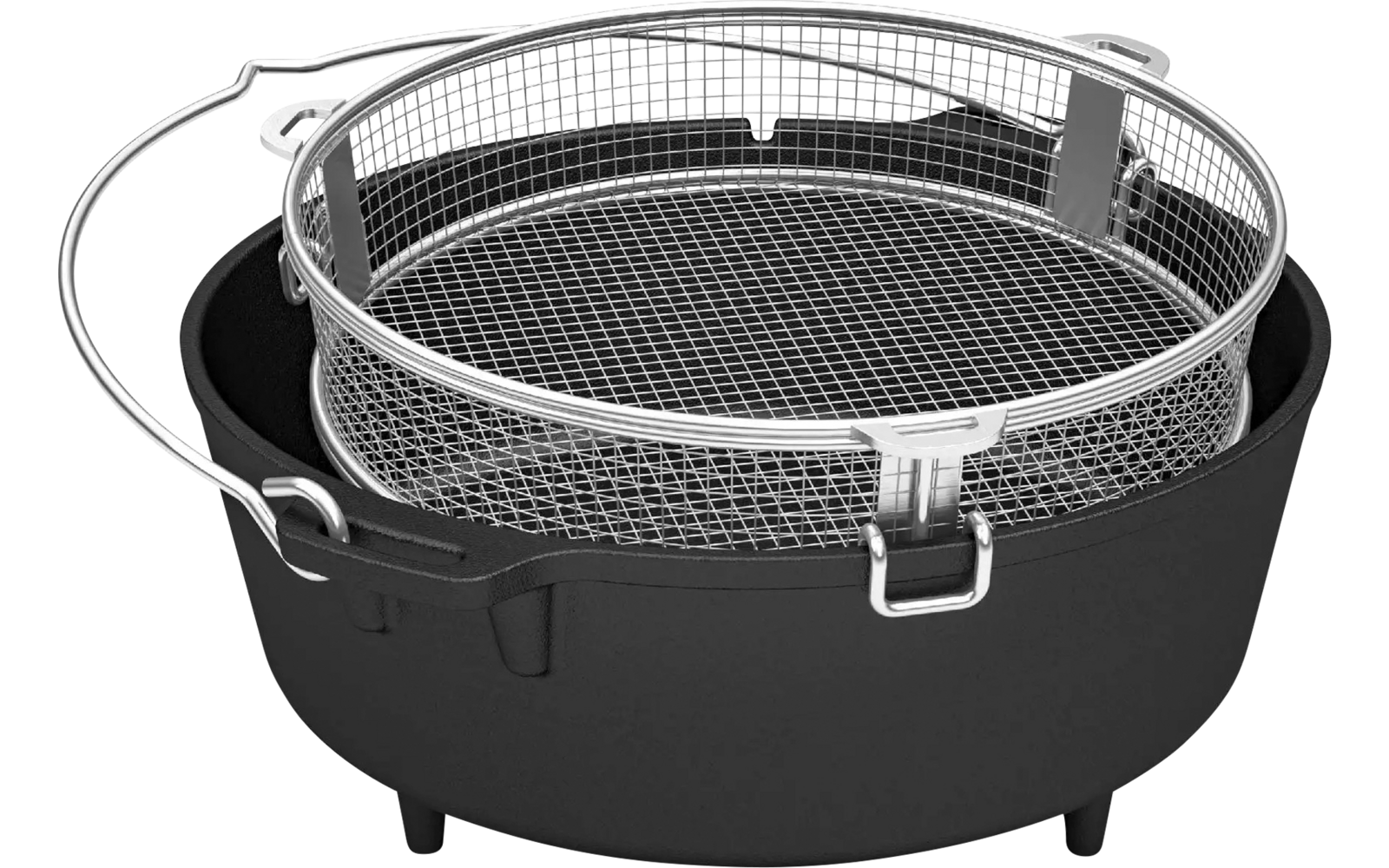 Rundes schwarzes Gefäß mit drei kurzen Beinen und einem herausnehmbaren runden Drahtkorb mit Griffen und Verschluss