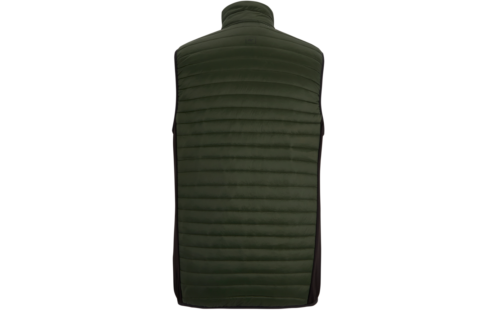 Achteraanzicht van een mouwloze doorgestikte bodywarmer in donker olijfgroen met hoge opstaande kraag en donkere zijpanelen