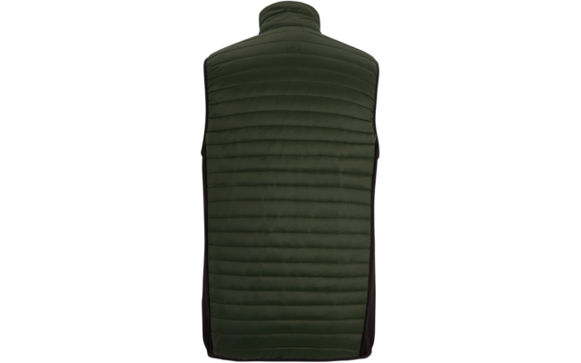 Achteraanzicht van een mouwloze doorgestikte bodywarmer in donker olijfgroen met hoge opstaande kraag en donkere zijpanelen
